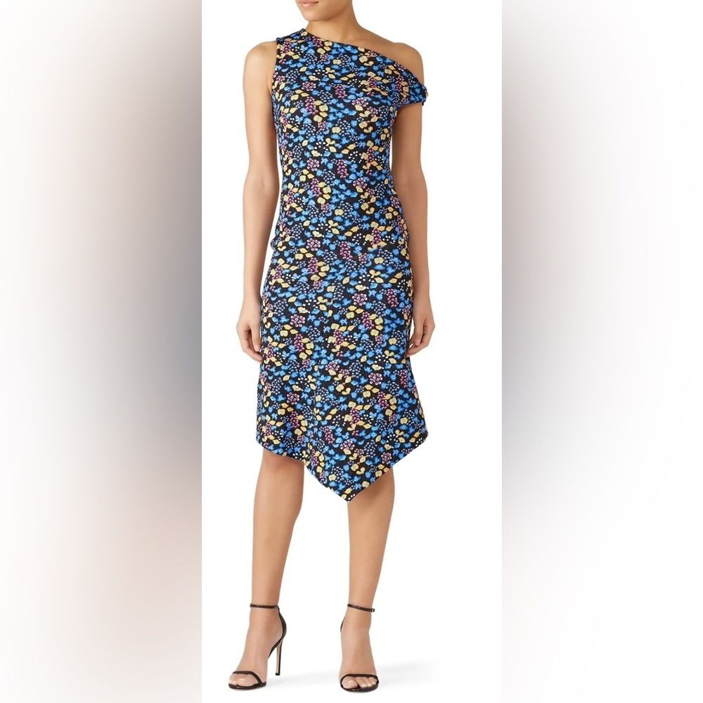 ATLEIN | Blue Floral Designer Off Shoulder Twist Sleeveless Midi Dress- XS